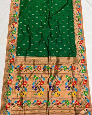 Green faux banarasi silk saree with paithani rich weaved pallu and blouse 2