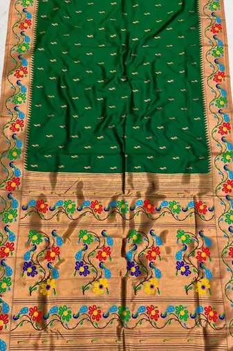Green faux banarasi silk saree with paithani rich weaved pallu and blouse