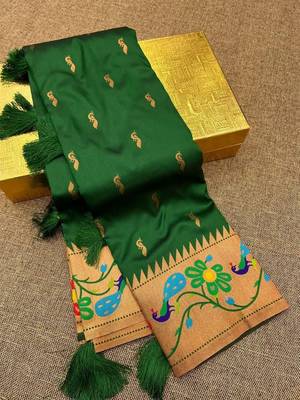 Green faux banarasi silk saree with paithani rich weaved pallu and blouse 3