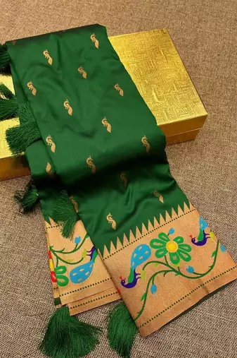 Green faux banarasi silk saree with paithani rich weaved pallu and blouse