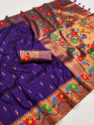 Violet silk blend saree with paithani weaved pallu and blouse 1