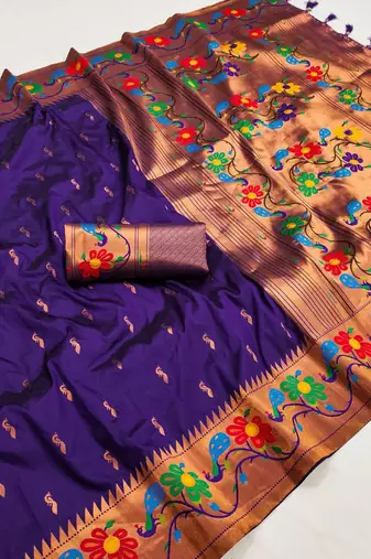 Violet silk blend saree with paithani weaved pallu and blouse