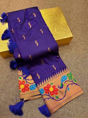 Violet silk blend saree with paithani weaved pallu and blouse 3