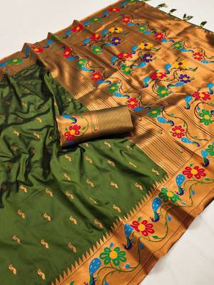 Parrot green silk blend saree with paithani weaved pallu and blouse 1