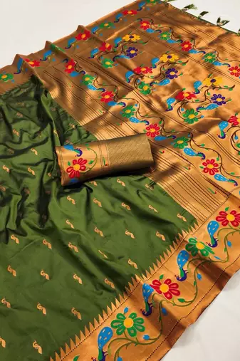 Parrot green silk blend saree with paithani weaved pallu and blouse