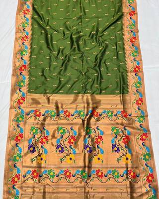 Parrot green silk blend saree with paithani weaved pallu and blouse 2