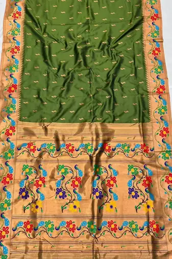 Parrot green silk blend saree with paithani weaved pallu and blouse