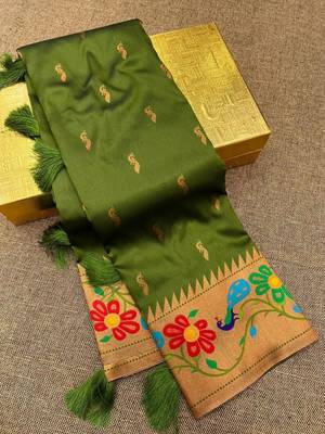 Parrot green silk blend saree with paithani weaved pallu and blouse 3