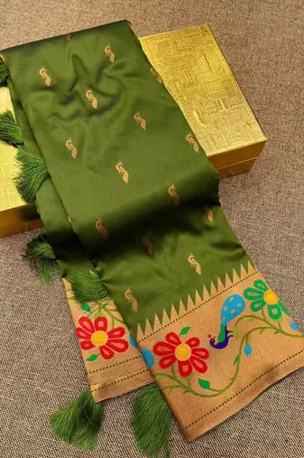 Parrot green silk blend saree with paithani weaved pallu and blouse