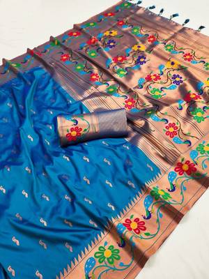 Sky blue silk blend saree with paithani weaved pallu and blouse 1