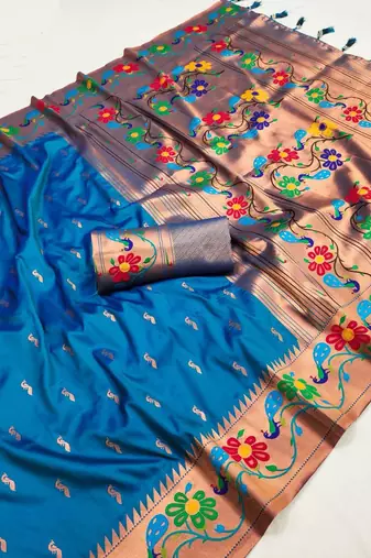 Sky blue silk blend saree with paithani weaved pallu and blouse