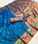 Sky blue silk blend saree with paithani weaved pallu and blouse