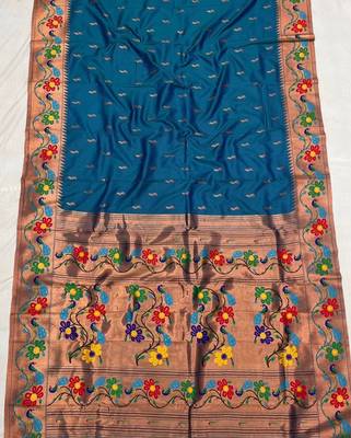 Sky blue silk blend saree with paithani weaved pallu and blouse 2