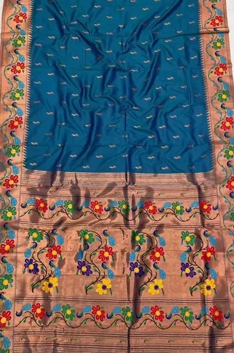 Sky blue silk blend saree with paithani weaved pallu and blouse