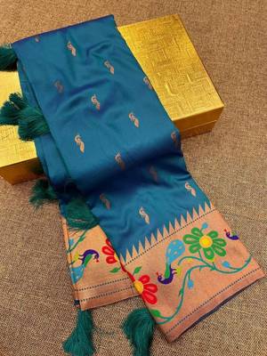 Sky blue silk blend saree with paithani weaved pallu and blouse 3