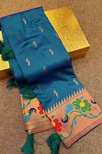Sky blue silk blend saree with paithani weaved pallu and blouse