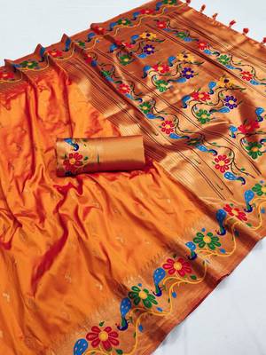 Orange silk blend saree with paithani weaved pallu and blouse 1
