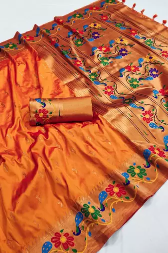 Orange  silk blend saree with paithani weaved pallu and blouse