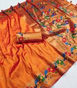 Orange  silk blend saree with paithani weaved pallu and blouse
