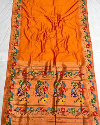 Orange silk blend saree with paithani weaved pallu and blouse 2