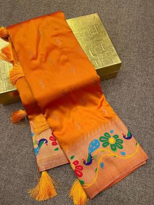 Orange silk blend saree with paithani weaved pallu and blouse 3