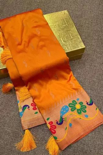 Orange silk blend saree with paithani weaved pallu and blouse
