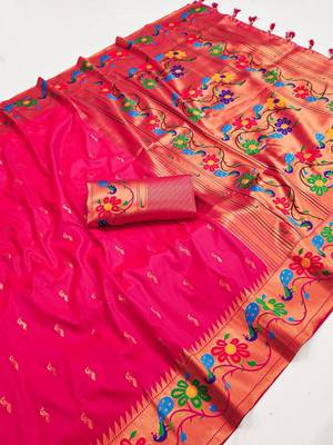 Pink green silk blend saree with paithani weaved pallu and blouse 1