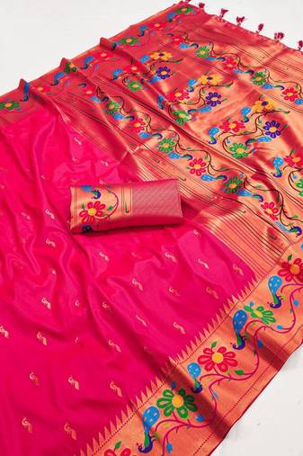 Pink green silk blend saree with paithani weaved pallu and blouse