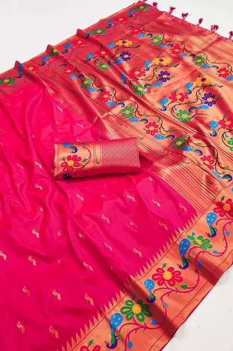 Pink green silk blend saree with paithani weaved pallu and blouse