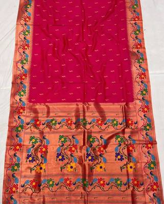 Pink green silk blend saree with paithani weaved pallu and blouse 2