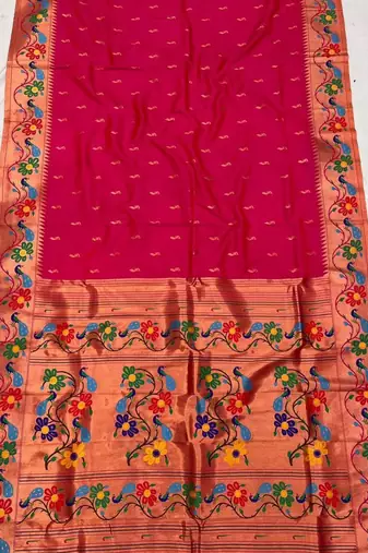 Pink green silk blend saree with paithani weaved pallu and blouse