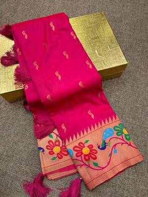 Pink green silk blend saree with paithani weaved pallu and blouse 3
