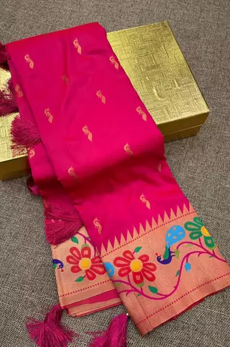 Pink green silk blend saree with paithani weaved pallu and blouse