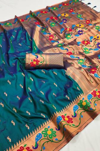 Teal blue silk blend saree with paithani weaved pallu and blouse