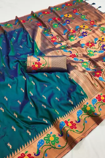 Teal blue silk blend saree with paithani weaved pallu and blouse