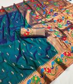 Teal blue silk blend saree with paithani weaved pallu and blouse