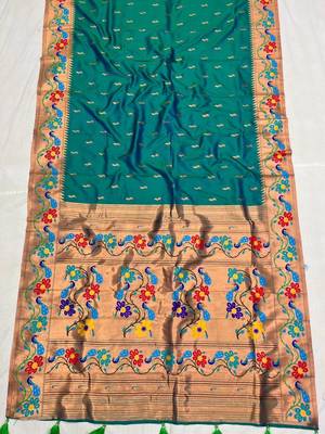 Teal blue silk blend saree with paithani weaved pallu and blouse 2