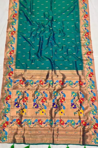 Teal blue silk blend saree with paithani weaved pallu and blouse