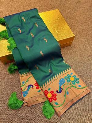 Teal blue silk blend saree with paithani weaved pallu and blouse 3