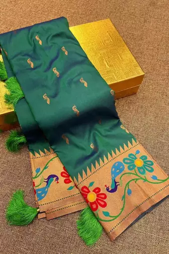 Teal blue silk blend saree with paithani weaved pallu and blouse