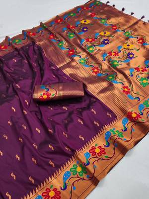 Wine silk blend saree with paithani weaved pallu and blouse 1