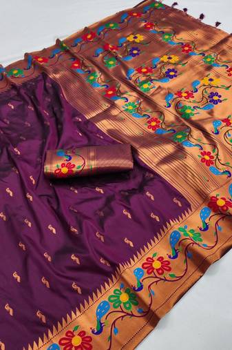 Wine silk blend saree with paithani weaved pallu and blouse