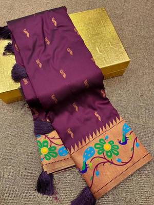 Wine silk blend saree with paithani weaved pallu and blouse 3