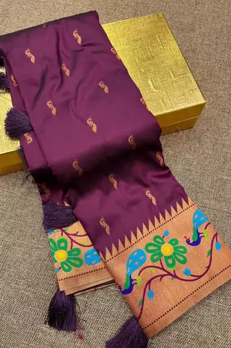 Wine silk blend saree with paithani weaved pallu and blouse