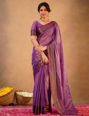 Purple tissue cotton handloom saree with unstitched blouse 1