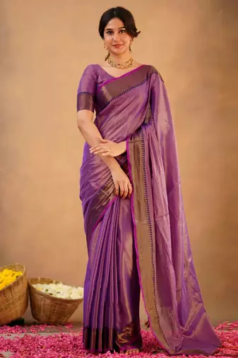 Trendmalls Purple tissue cotton handloom saree with unstitched blouse