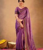 Trendmalls Trendmalls Purple tissue cotton handloom saree with unstitched blouse