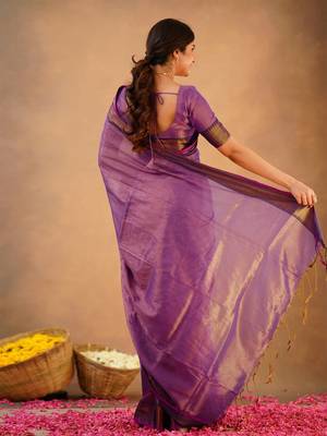 Purple tissue cotton handloom saree with unstitched blouse 2