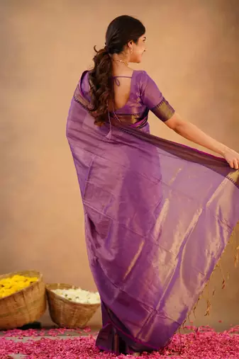 Trendmalls Trendmalls Purple tissue cotton handloom saree with unstitched blouse