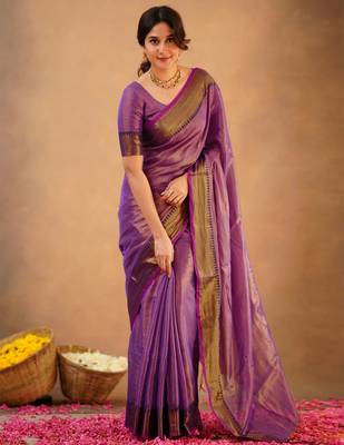 Purple tissue cotton handloom saree with unstitched blouse 3